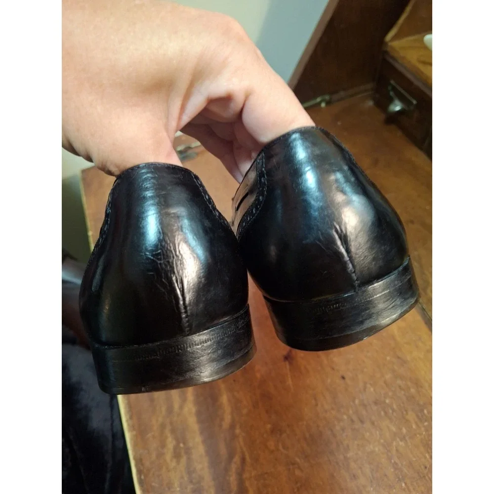 Salvatore Ferragamo Leather Wing Tips 10 D Black Slipon Made In Italy